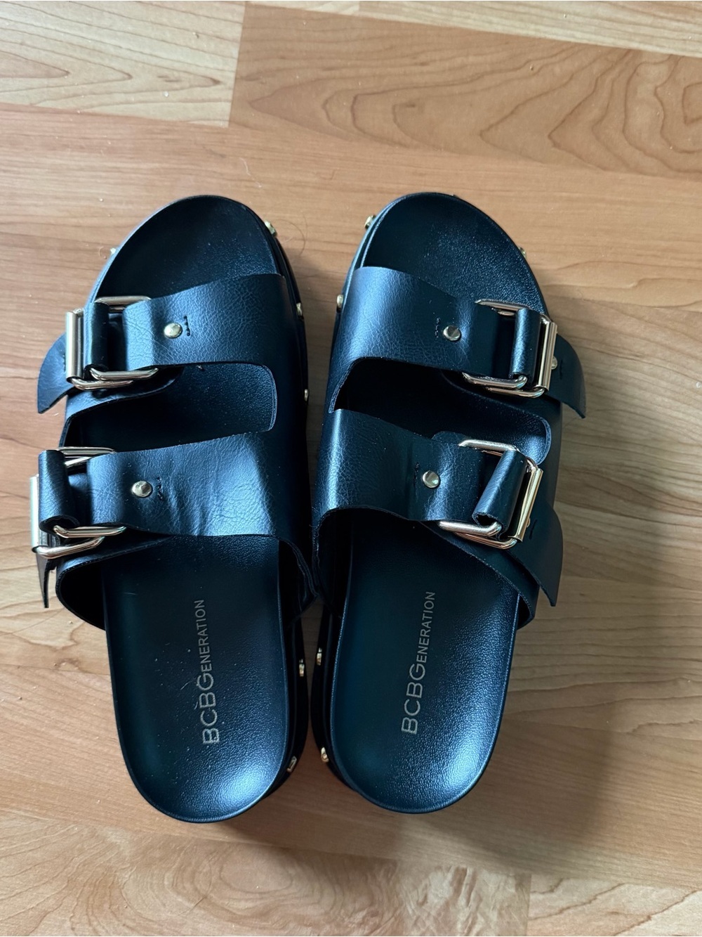 BCBGeneration Double-Buckle Slide Sandals with Gold Hardware , size 7.5